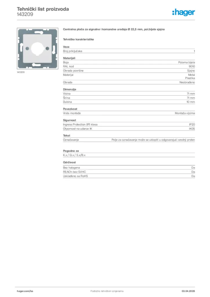 Slika Hager Tehnički list proizvoda 143209  | Hager