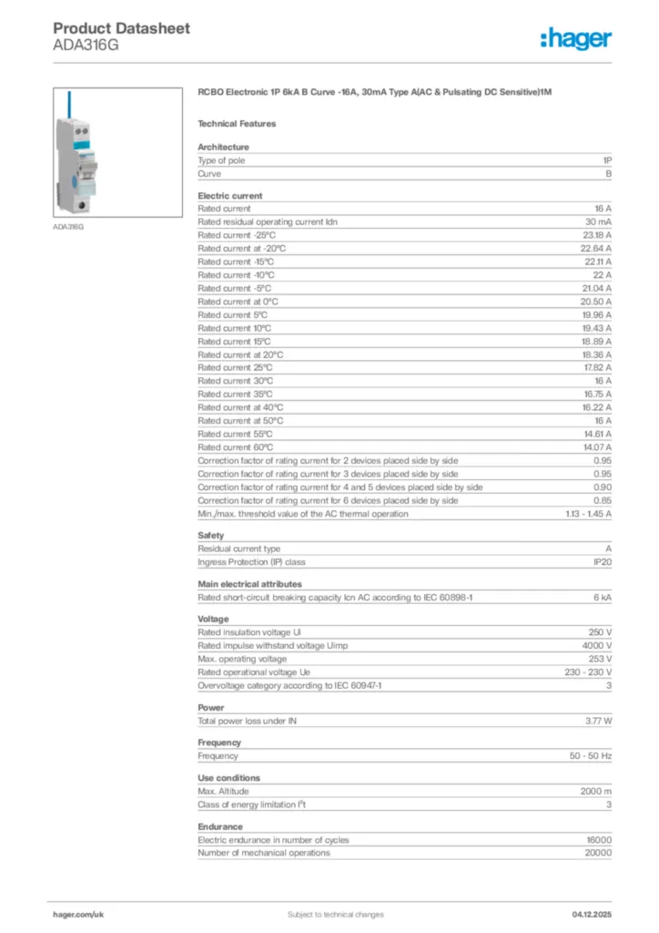 Image Hager Product data sheet ADA316G  | Hager