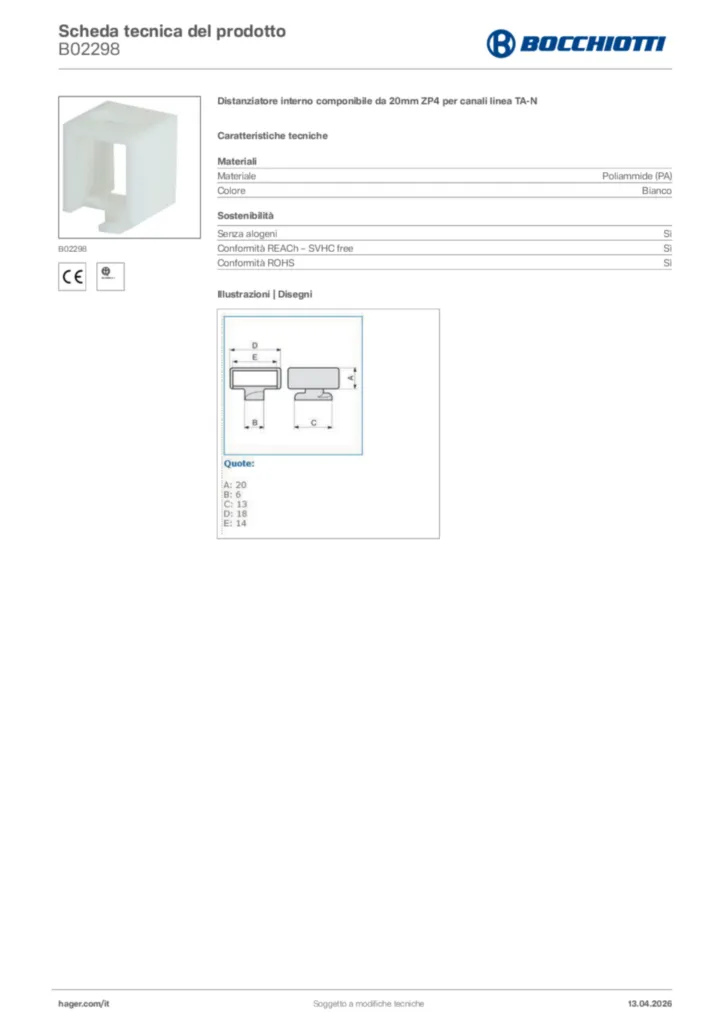 Immagine Bocchiotti Scheda tecnica del prodotto B02298 | Hager Italia
