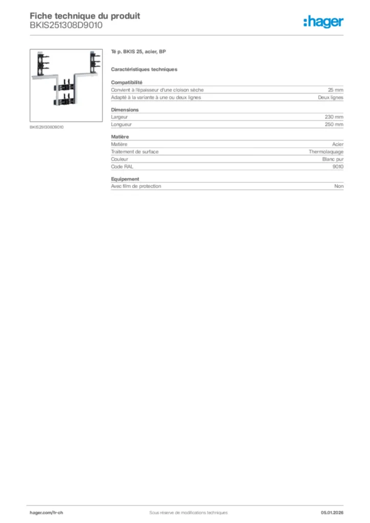 Image Hager Fiche technique du produit BKIS251308D9010 | Hager Suisse