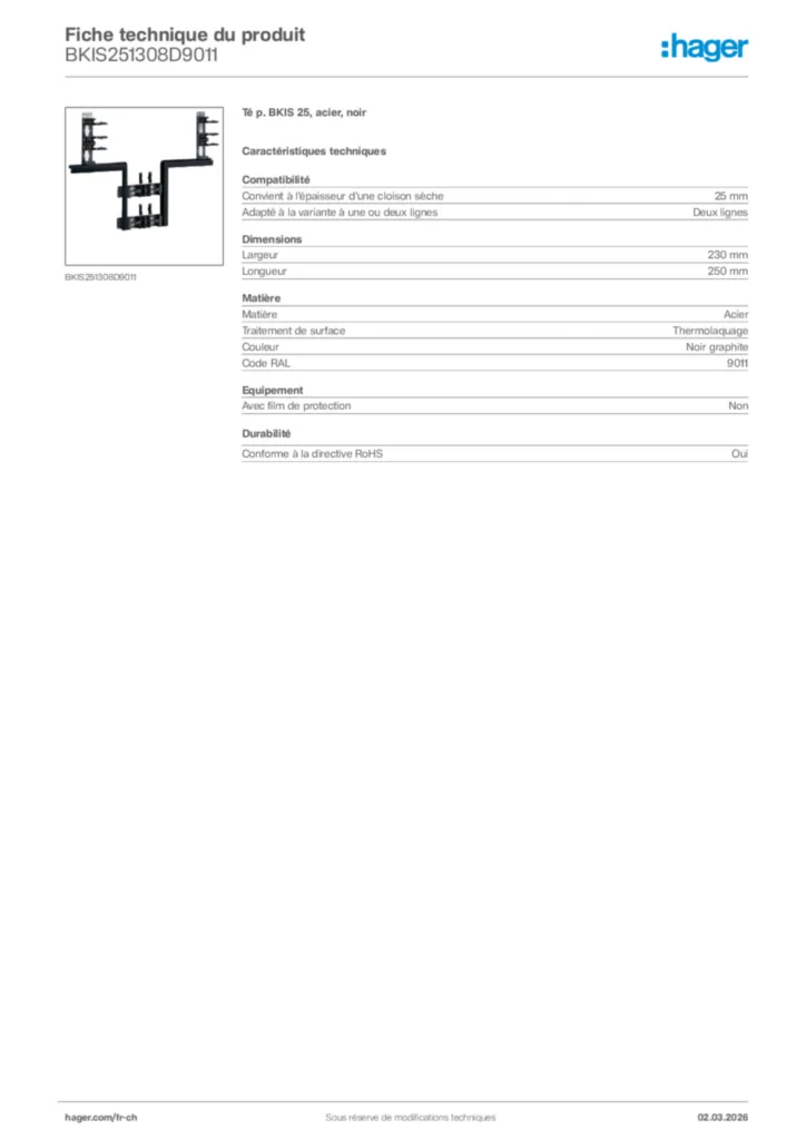 Image Hager Fiche technique du produit BKIS251308D9011 | Hager Suisse