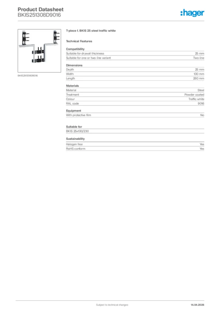 Image Hager Product data sheet BKIS251308D9016  | Hager Africa