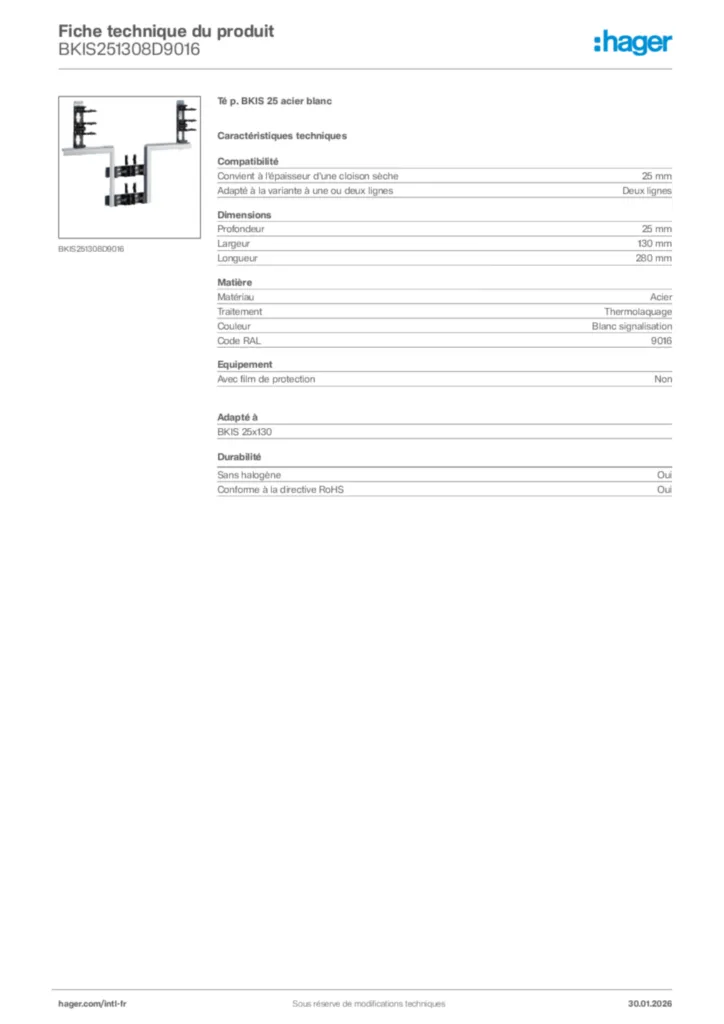 Image Hager Fiche technique du produit BKIS251308D9016 | Hager Afrique