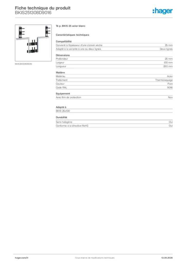 Image Hager Fiche technique du produit BKIS251308D9016 | Hager France