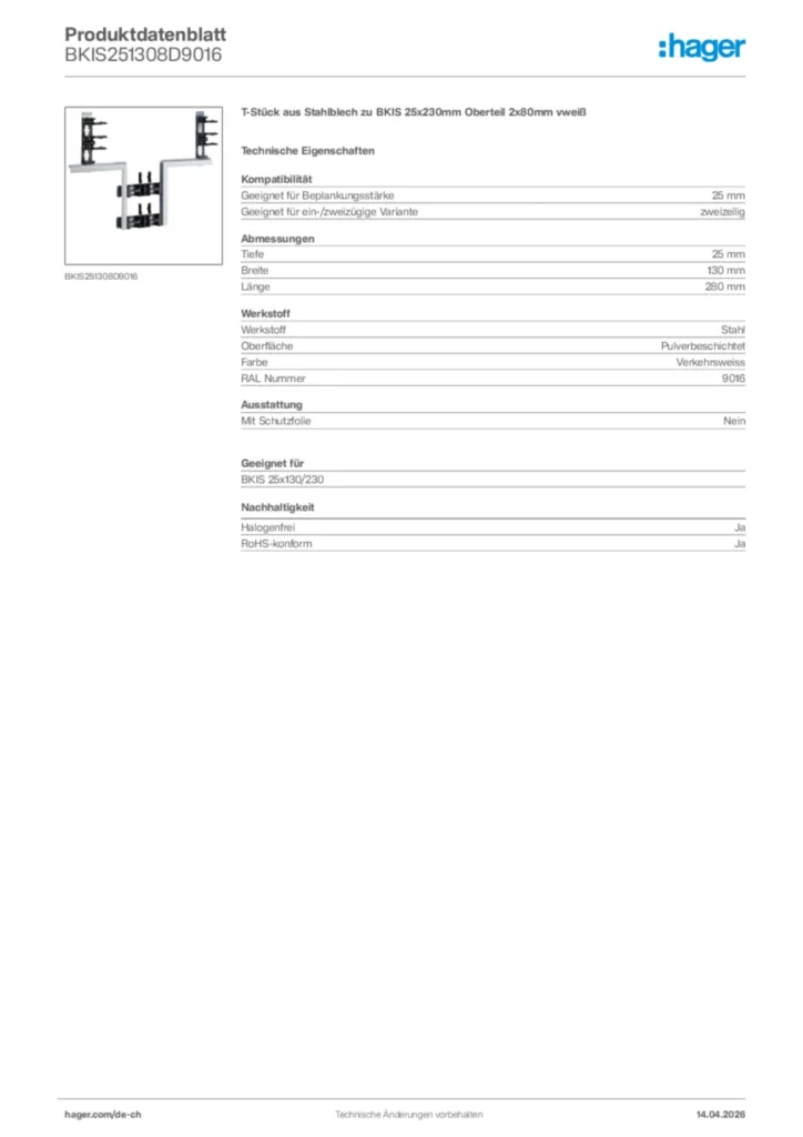 Bild Hager Produktdatenblatt BKIS251308D9016 | Hager Schweiz
