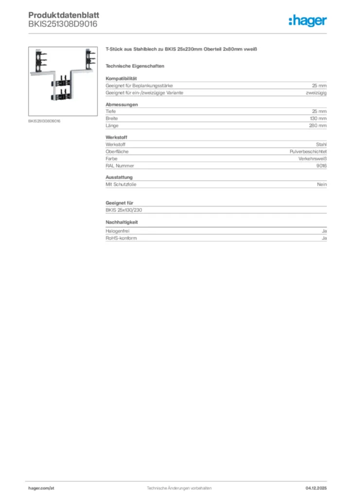 Bild Hager Produktdatenblatt BKIS251308D9016 | Hager Deutschland