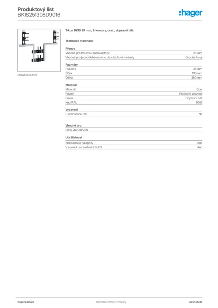Obrázek Hager Product data sheet BKIS251308D9016 | Hager