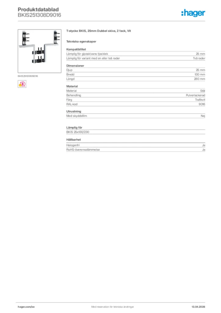 Bild Hager Produktdatablad BKIS251308D9016 | Hager Sverige