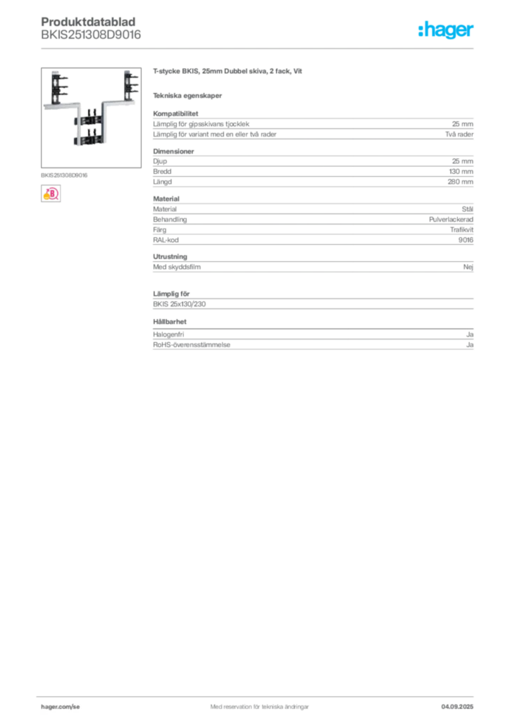 Bild Hager Produktdatablad BKIS251308D9016 | Hager Sverige