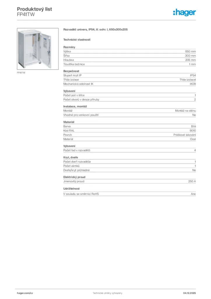 Obrázek Hager Product data sheet FP41TW | Hager