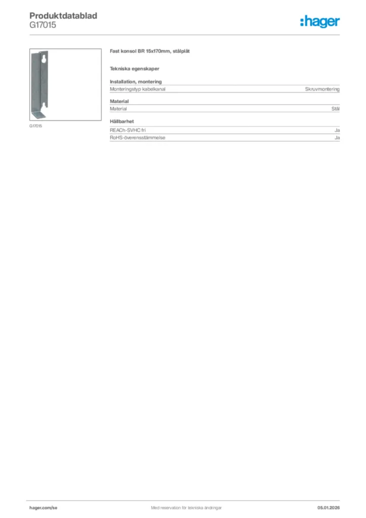 Bild Hager Produktdatablad G17015 | Hager Sverige