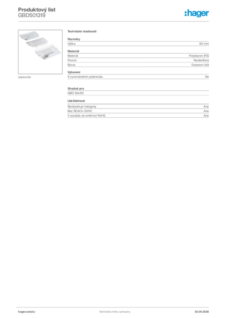 Obrázek Hager Product data sheet GBD501319 | Hager