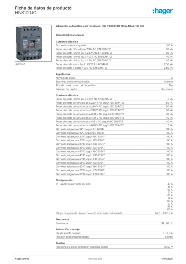Imagen Hager Ficha de datos de producto HNS100JC | Hager España