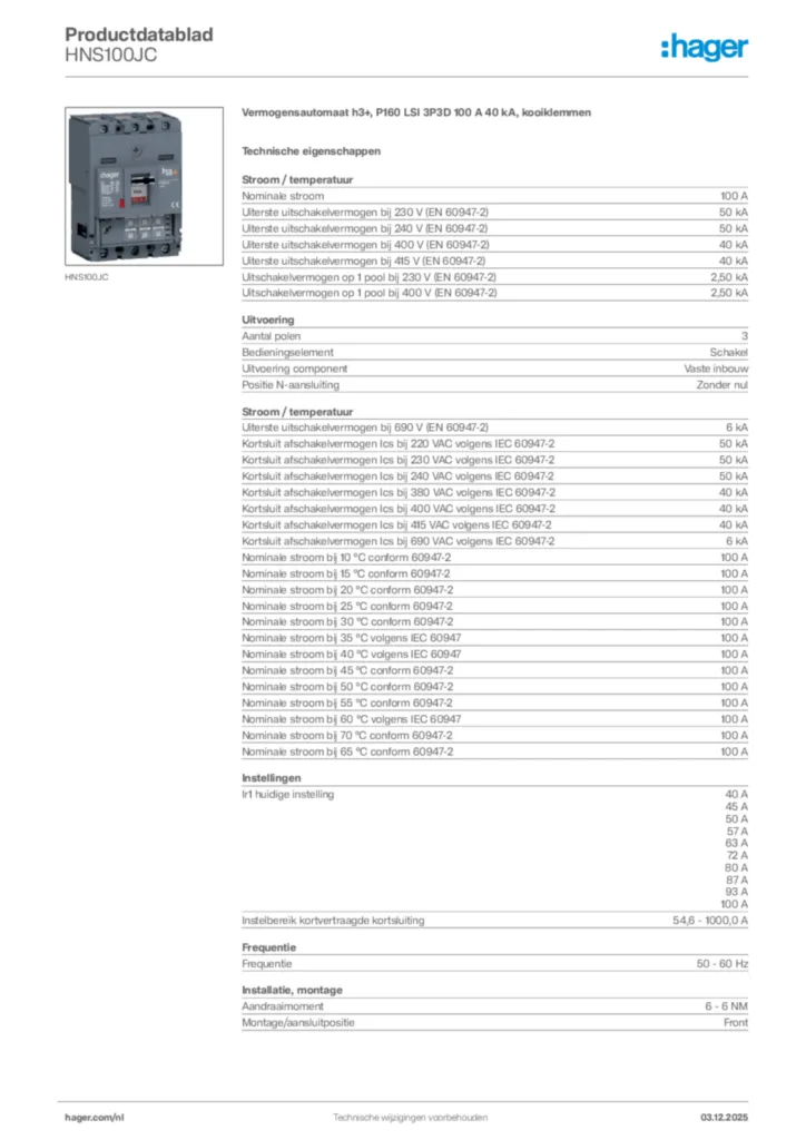 Afbeelding Hager Productdatablad HNS100JC | Hager Nederland