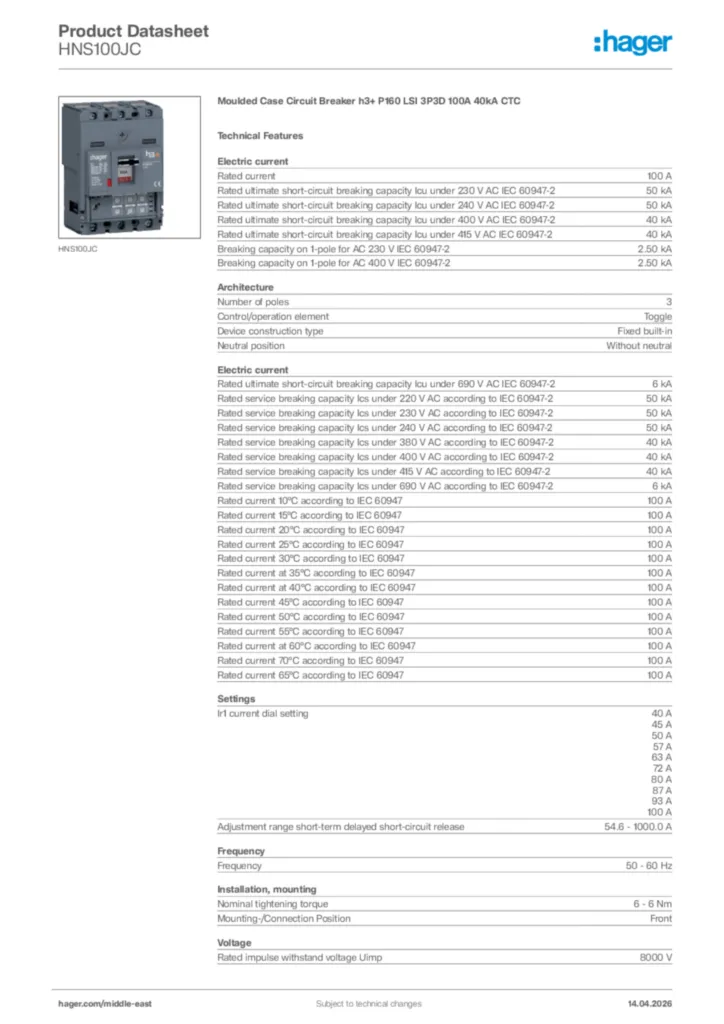 Image Hager Product data sheet HNS100JC  | Hager