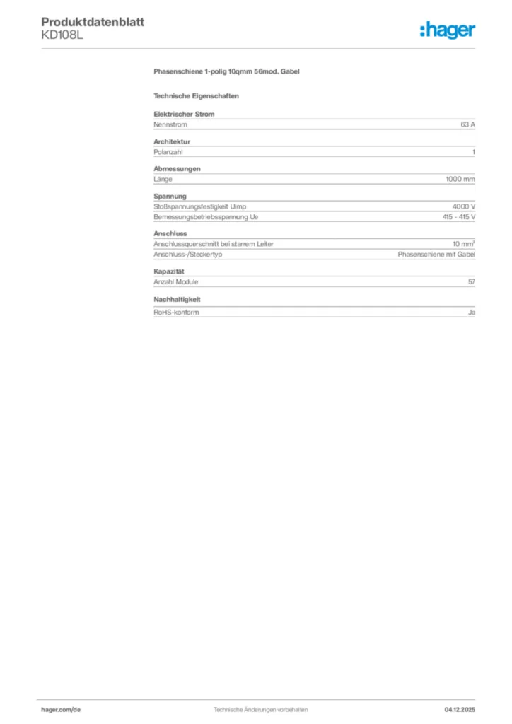 Bild Hager Produktdatenblatt KD108L | Hager Deutschland