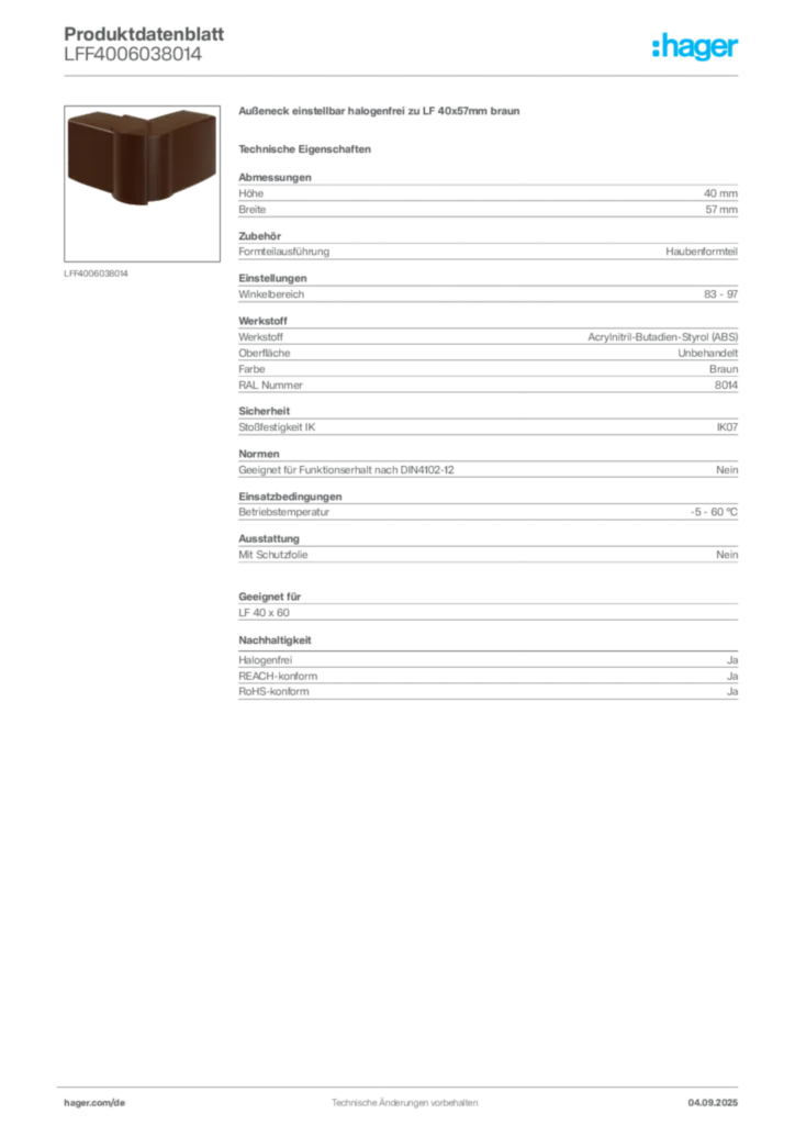 Bild Hager Produktdatenblatt LFF4006038014 | Hager Deutschland