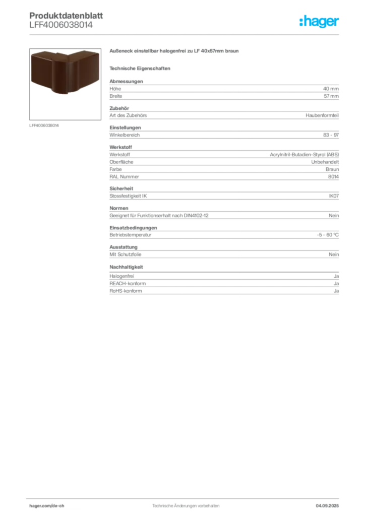 Bild Hager Produktdatenblatt LFF4006038014 | Hager Schweiz