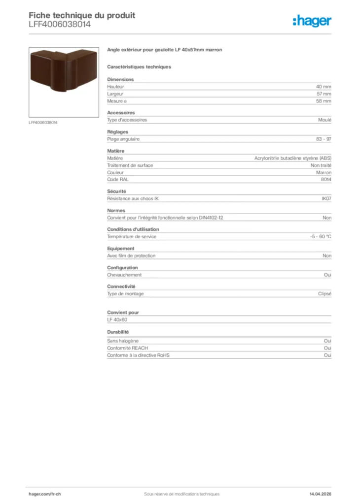 Image Hager Fiche technique du produit LFF4006038014 | Hager Suisse