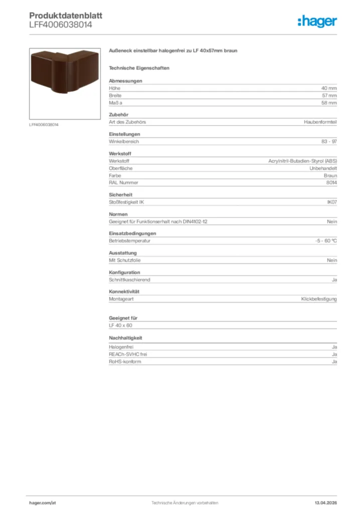 Bild Hager Produktdatenblatt LFF4006038014 | Hager Deutschland