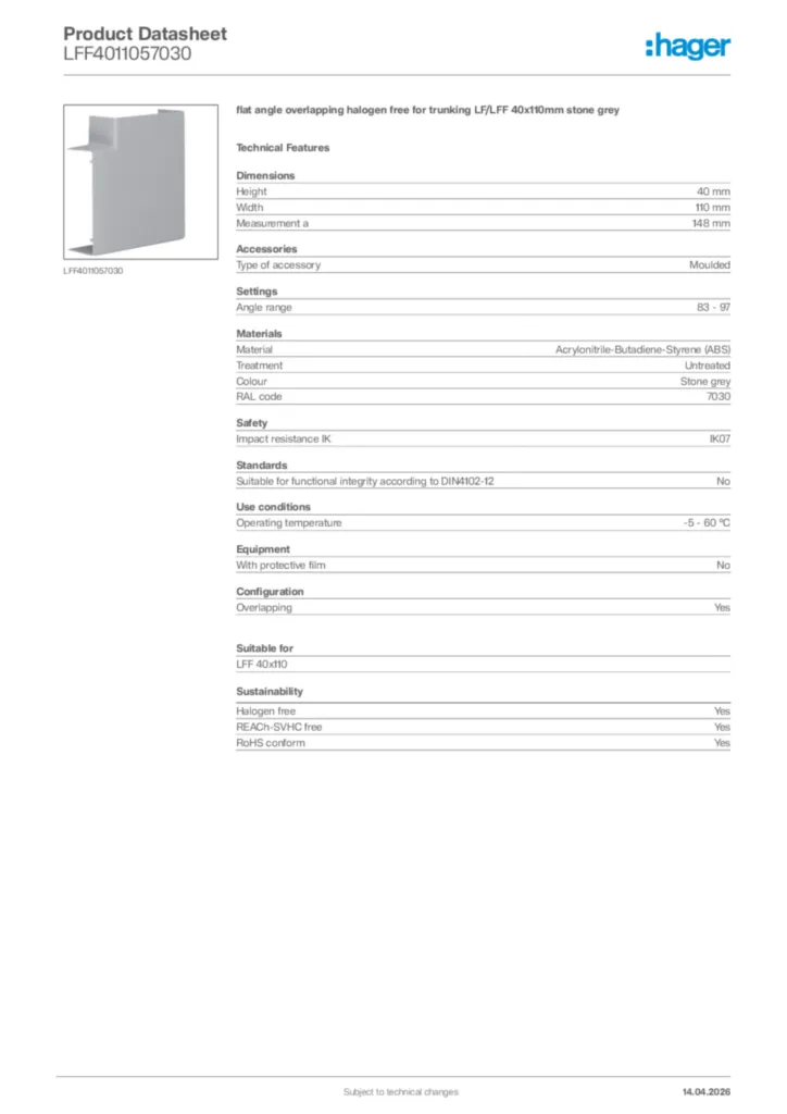 Image Hager Product data sheet LFF4011057030  | Hager Africa