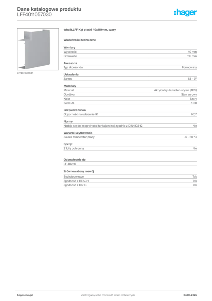 Zdjęcie Hager Dane katalogowe produktu LFF4011057030 | Hager Polska