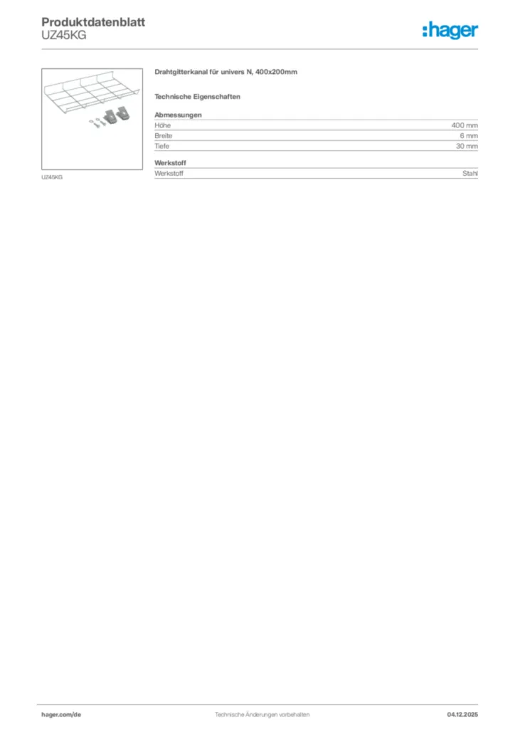 Bild Hager Produktdatenblatt UZ45KG | Hager Deutschland