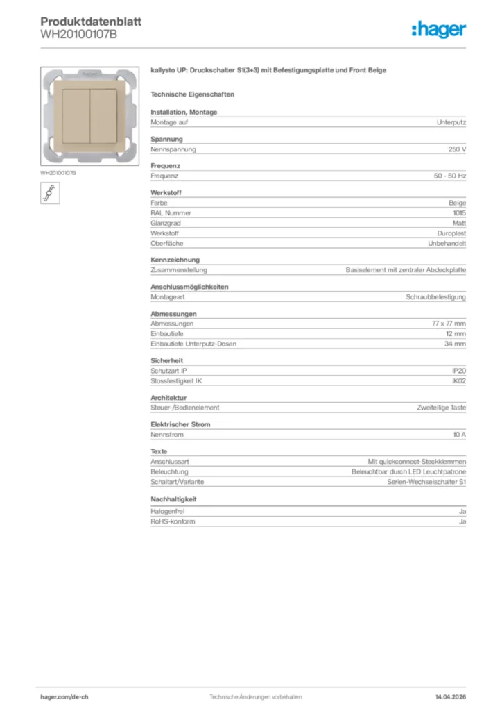 Bild Hager Produktdatenblatt WH20100107B | Hager Schweiz