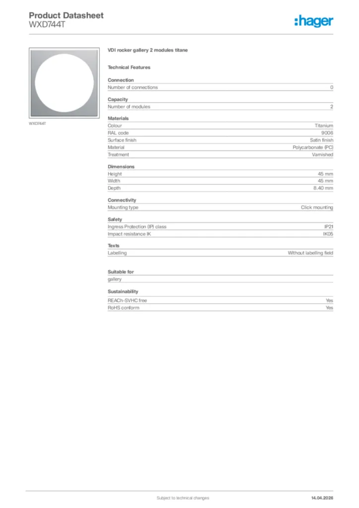 Image Hager Product data sheet WXD744T  | Hager Africa