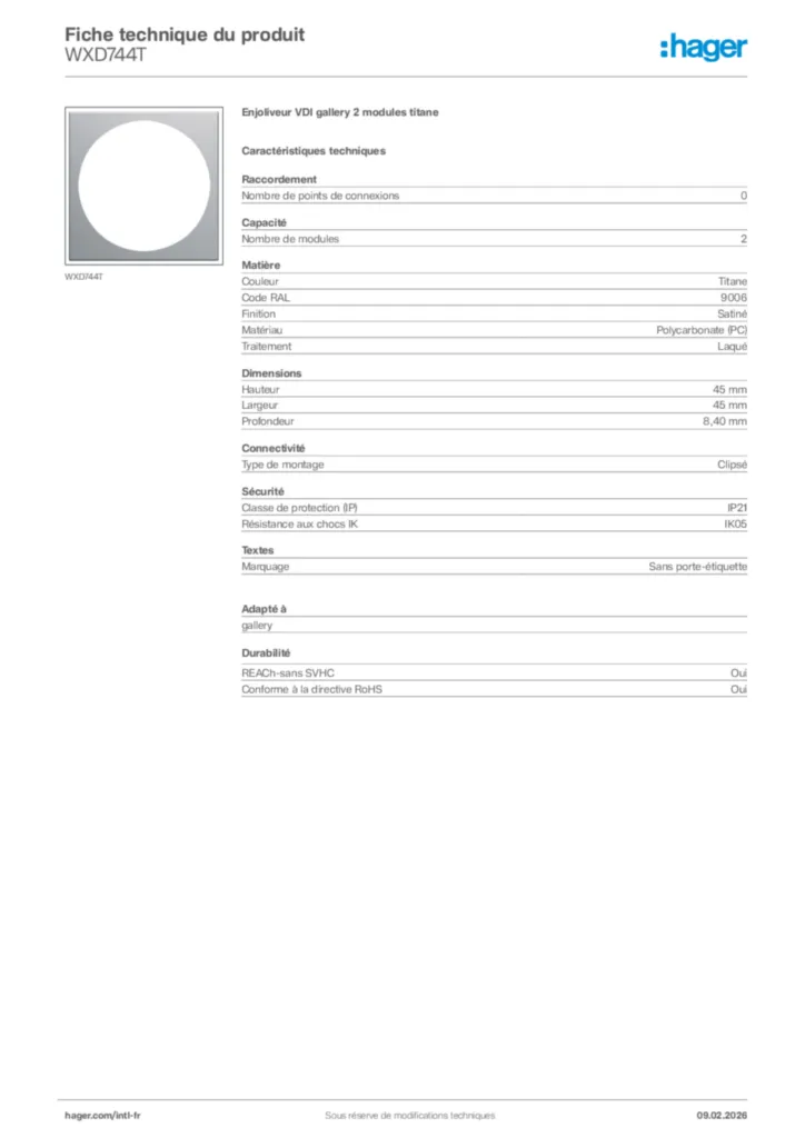 Image Hager Fiche technique du produit WXD744T | Hager Afrique