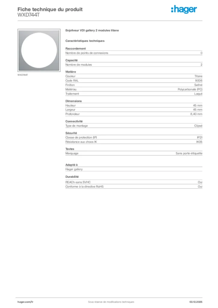 Image Hager Fiche technique du produit WXD744T | Hager France