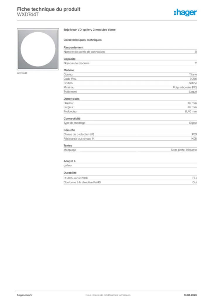 Image Hager Fiche technique du produit WXD744T | Hager France