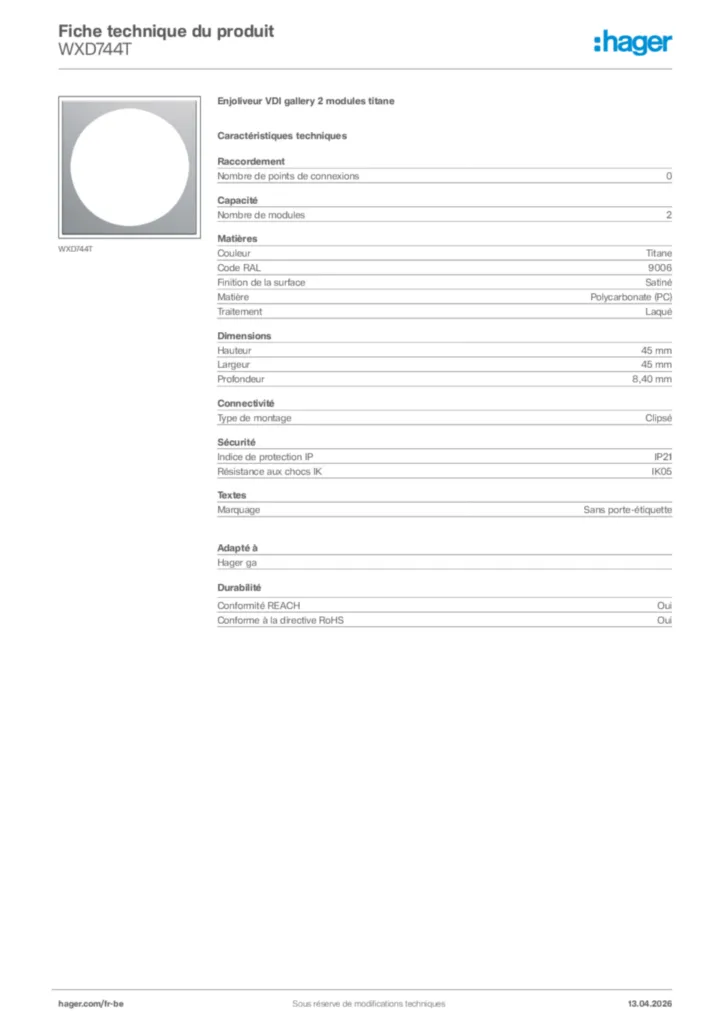 Image Hager Fiche technique du produit WXD744T | Hager Belgique