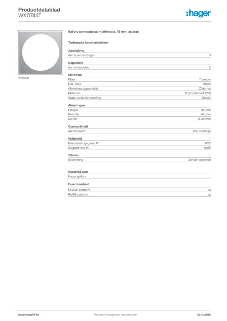 Afbeelding Hager Productdatablad WXD744T | Hager Belgium