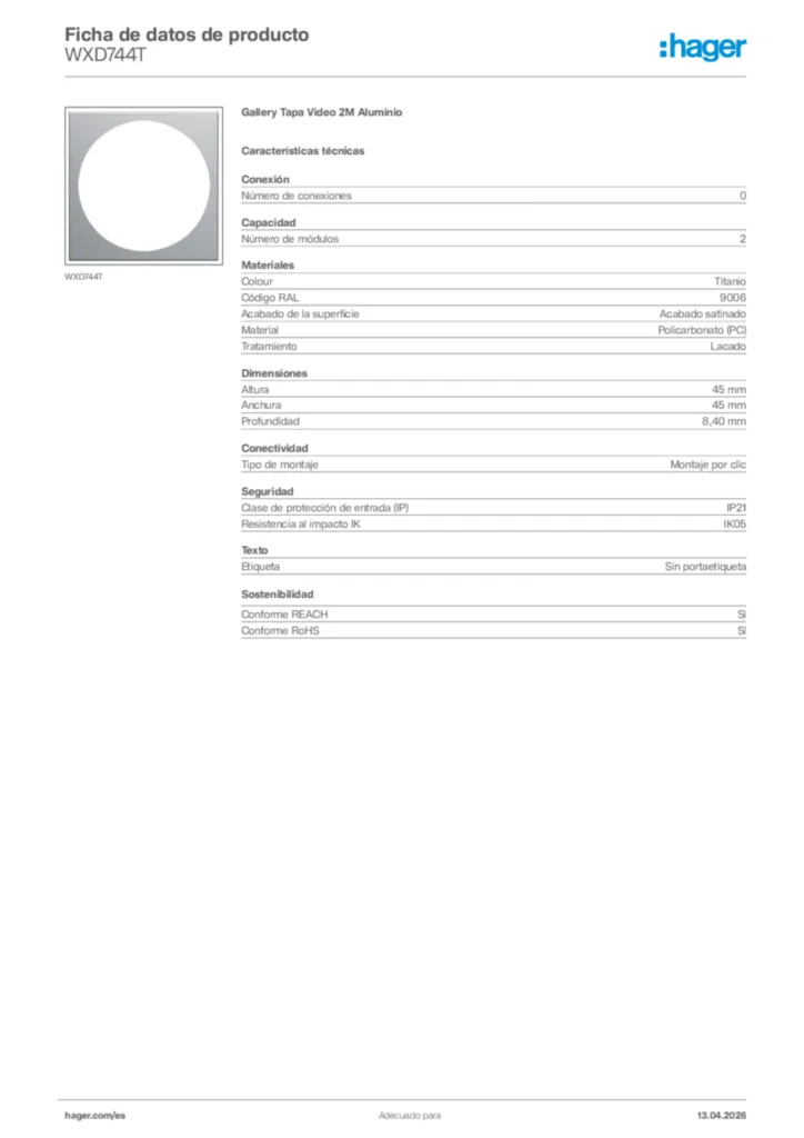 Imagen Hager Ficha de datos de producto WXD744T | Hager España