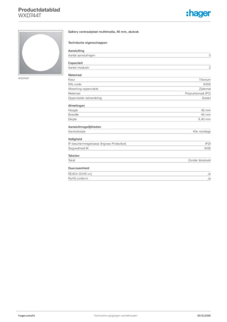 Afbeelding Hager Productdatablad WXD744T | Hager Nederland
