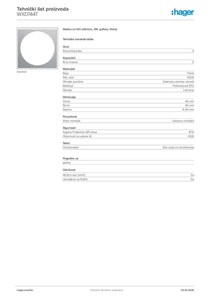 Slika Hager Tehnički list proizvoda WXD744T  | Hager