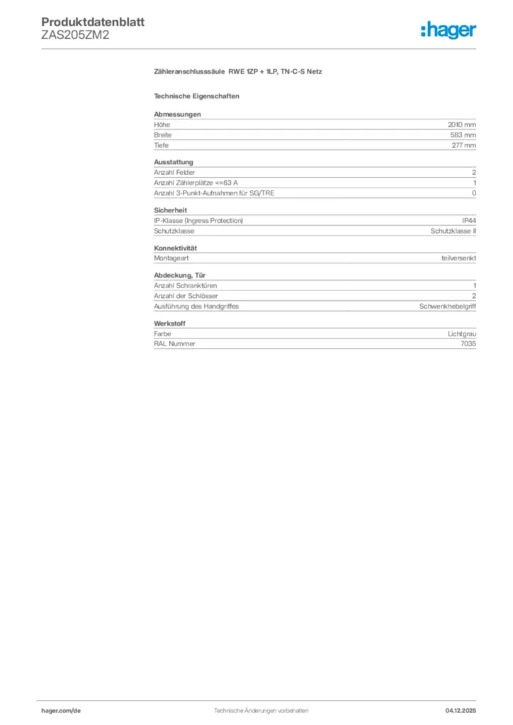 Bild Hager Produktdatenblatt ZAS205ZM2 | Hager Deutschland