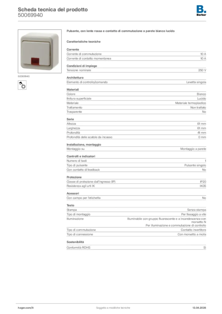 Immagine Berker Scheda tecnica del prodotto 50069940 | Hager Italia