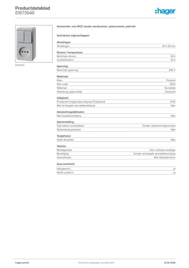 Afbeelding Hager Productdatablad 61673549 | Hager Nederland