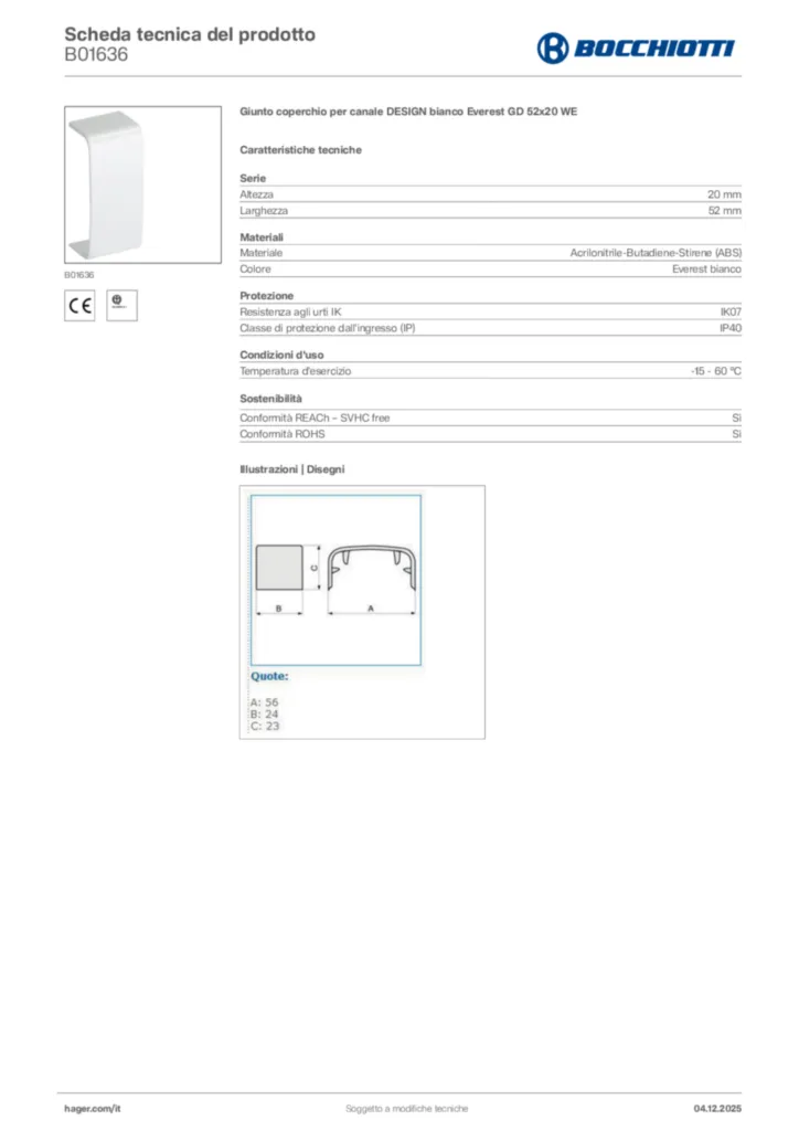 Immagine Bocchiotti Scheda tecnica del prodotto B01636 | Hager Italia