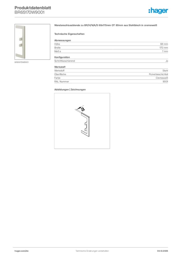 Bild Hager Produktdatenblatt BR65170W9001 | Hager Deutschland