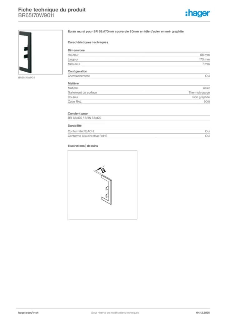 Image Hager Fiche technique du produit BR65170W9011 | Hager Suisse