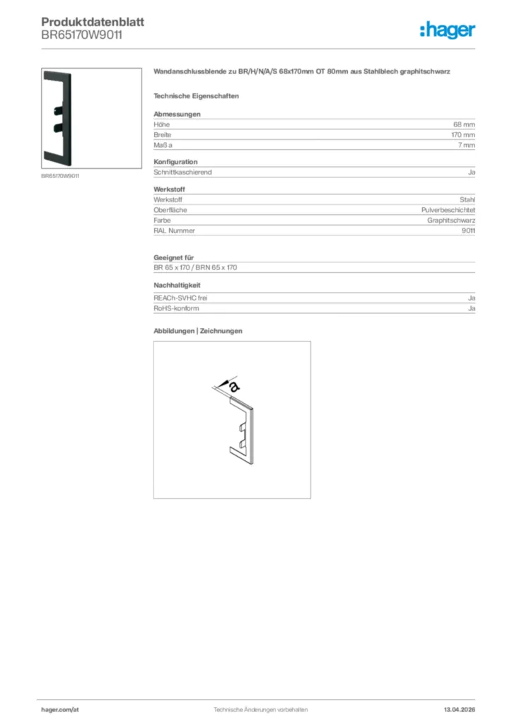Bild Hager Produktdatenblatt BR65170W9011 | Hager Deutschland