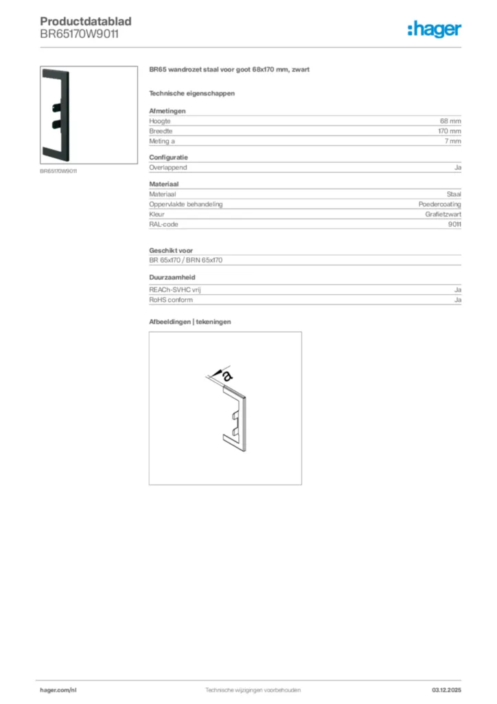 Afbeelding Hager Productdatablad BR65170W9011 | Hager Nederland