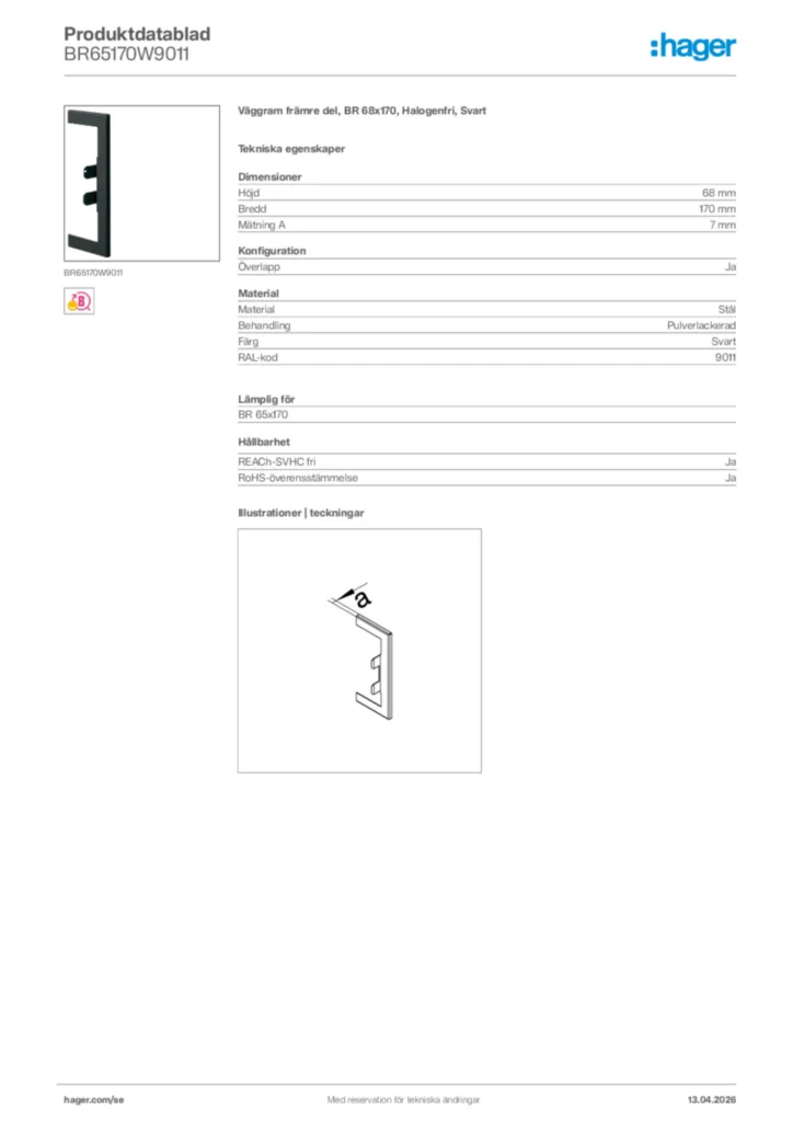 Bild Hager Produktdatablad BR65170W9011 | Hager Sverige