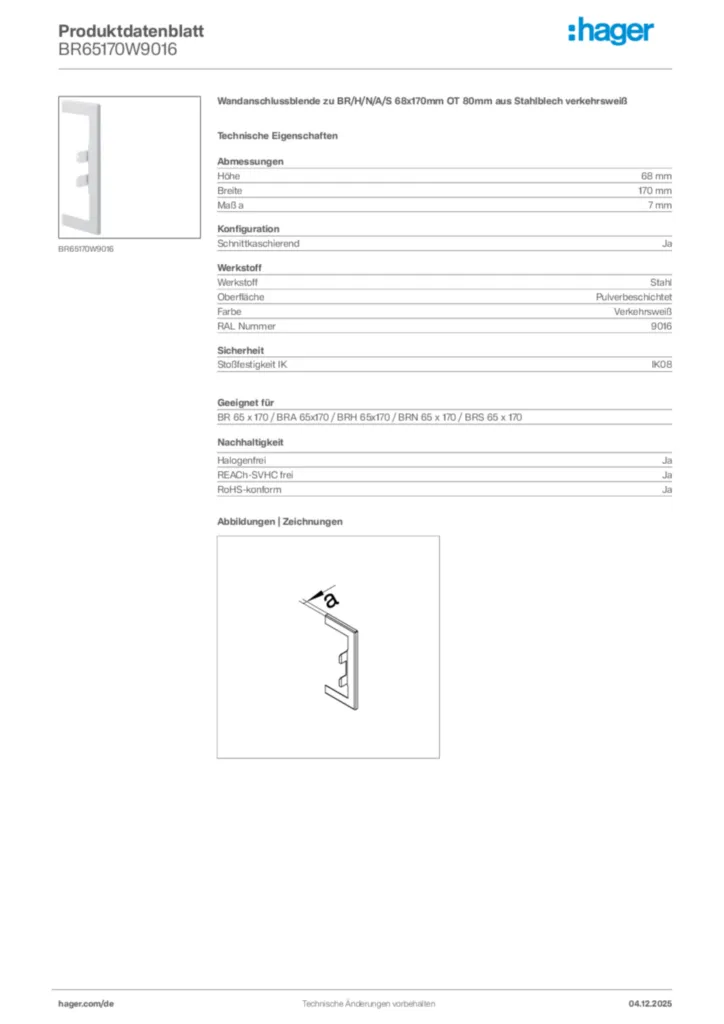 Bild Hager Produktdatenblatt BR65170W9016 | Hager Deutschland