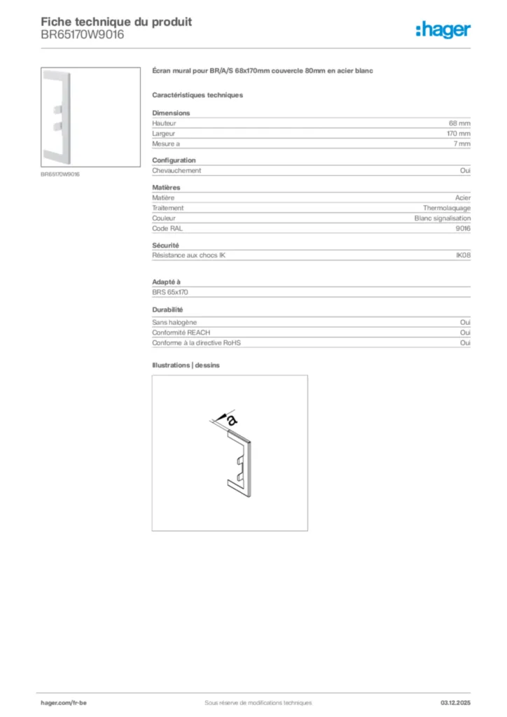 Image Hager Fiche technique du produit BR65170W9016 | Hager Belgique