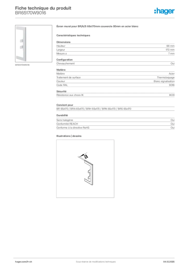 Image Hager Fiche technique du produit BR65170W9016 | Hager Suisse