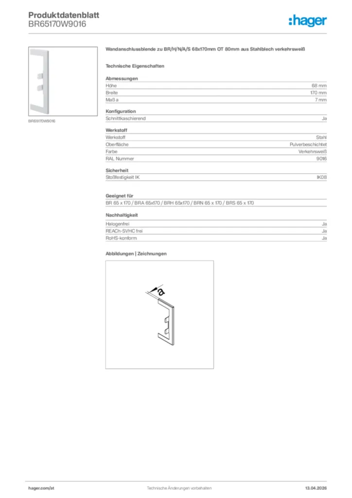 Bild Hager Produktdatenblatt BR65170W9016 | Hager Deutschland